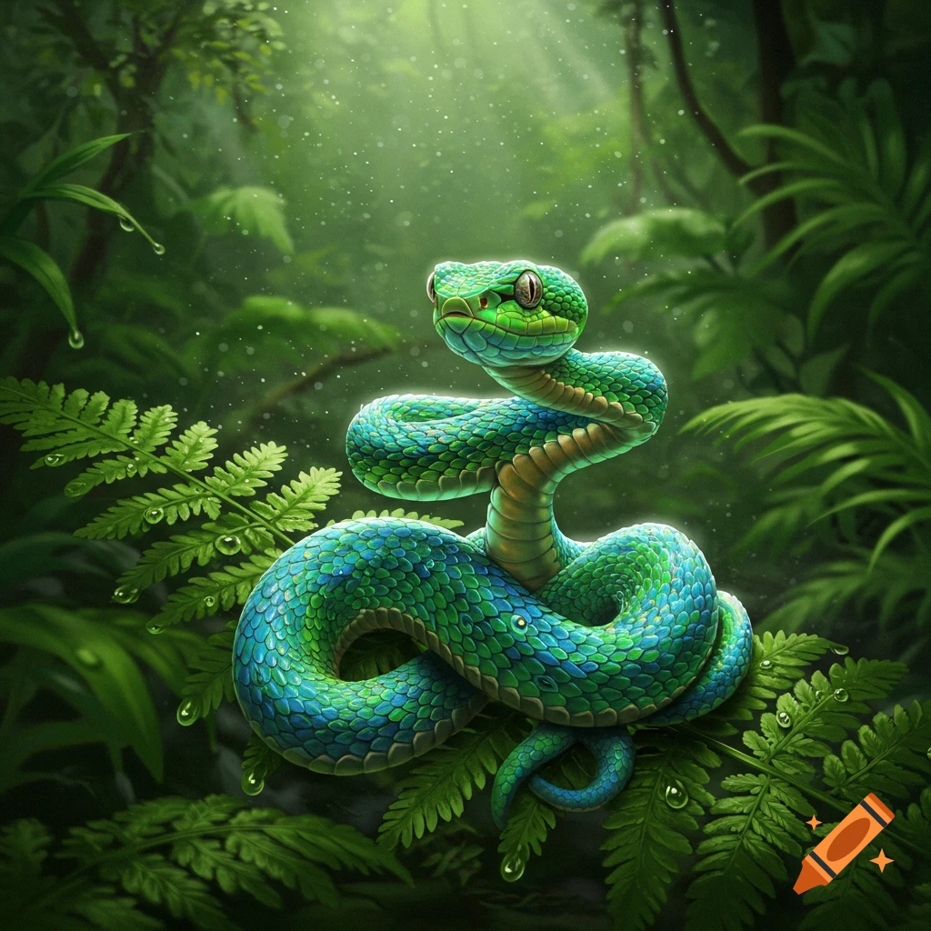 A vibrant green and blue snake with large eyes coiled on a fern in a lush, misty jungle environment.