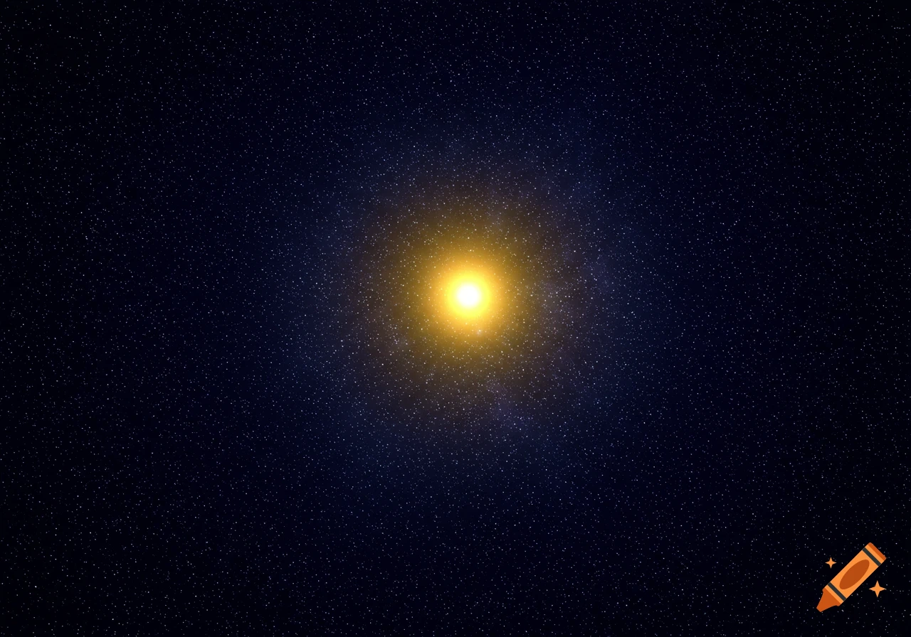 A bright yellow glowing star centered in a dark blue, star-filled cosmic background.