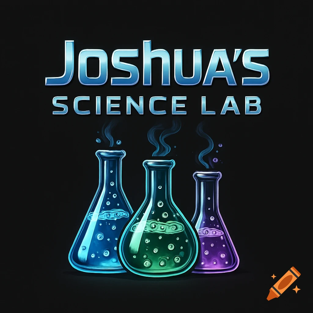 Logo with 'Joshua's Science Lab' text above three glowing beakers with blue, green, and purple bubbling liquids.