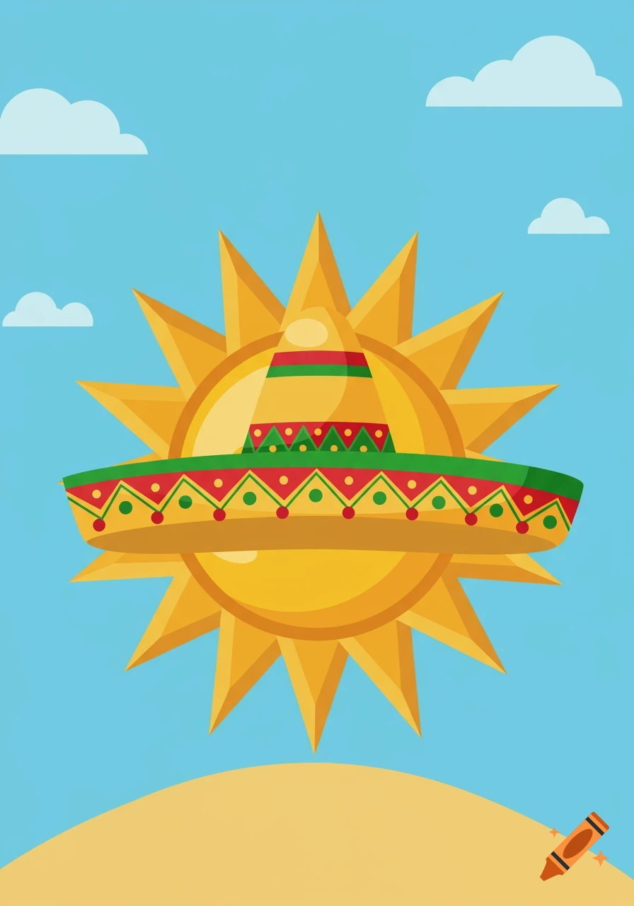 A vibrant cartoon illustration of a beaming sun wearing a colorful sombrero, set against a bright blue sky with white clouds and a sandy foreground.