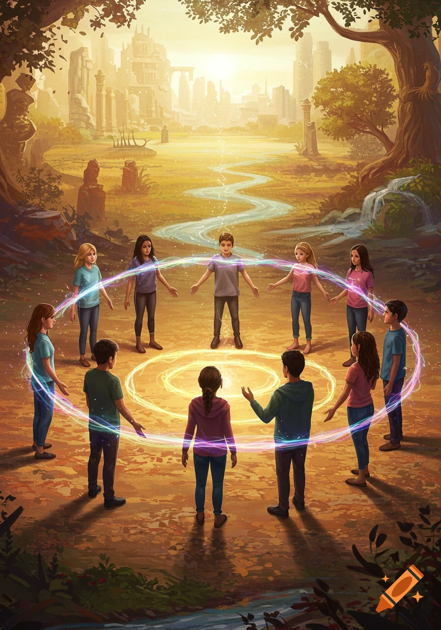 An illustration of ten teenagers in a circle, connected by glowing energy, with a central light in a mystical landscape with ruins.