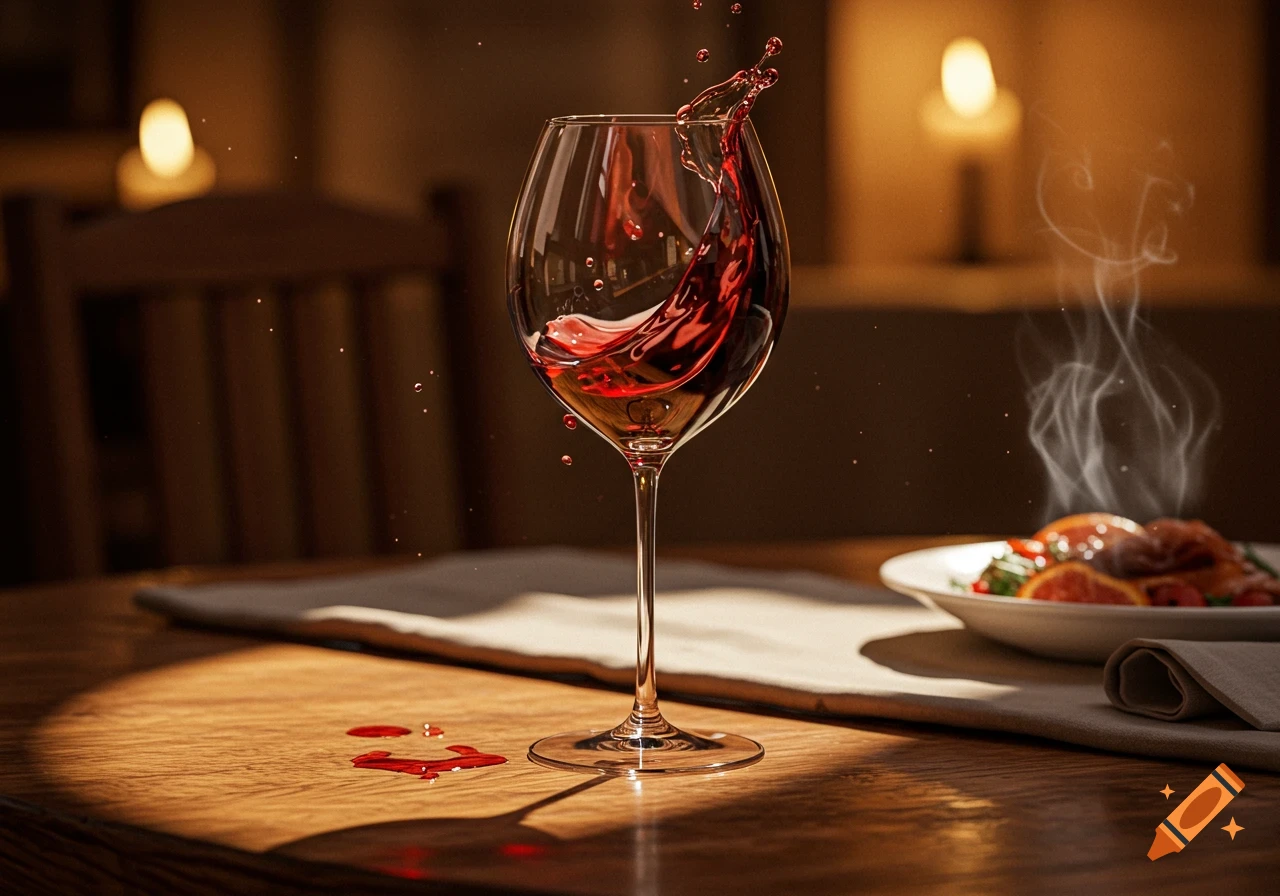 A photorealistic image of a wine glass with red wine splashing out, next to a steaming plate of food on a wooden table.