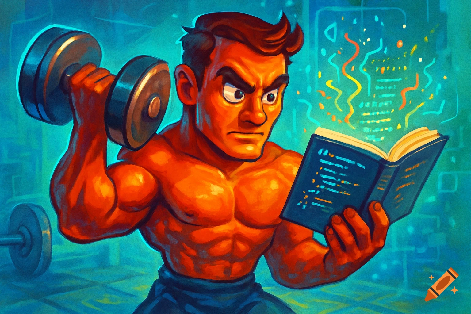 A muscular cartoon man lifts a dumbbell while intently reading a book, in a vibrant, stylized illustration.
