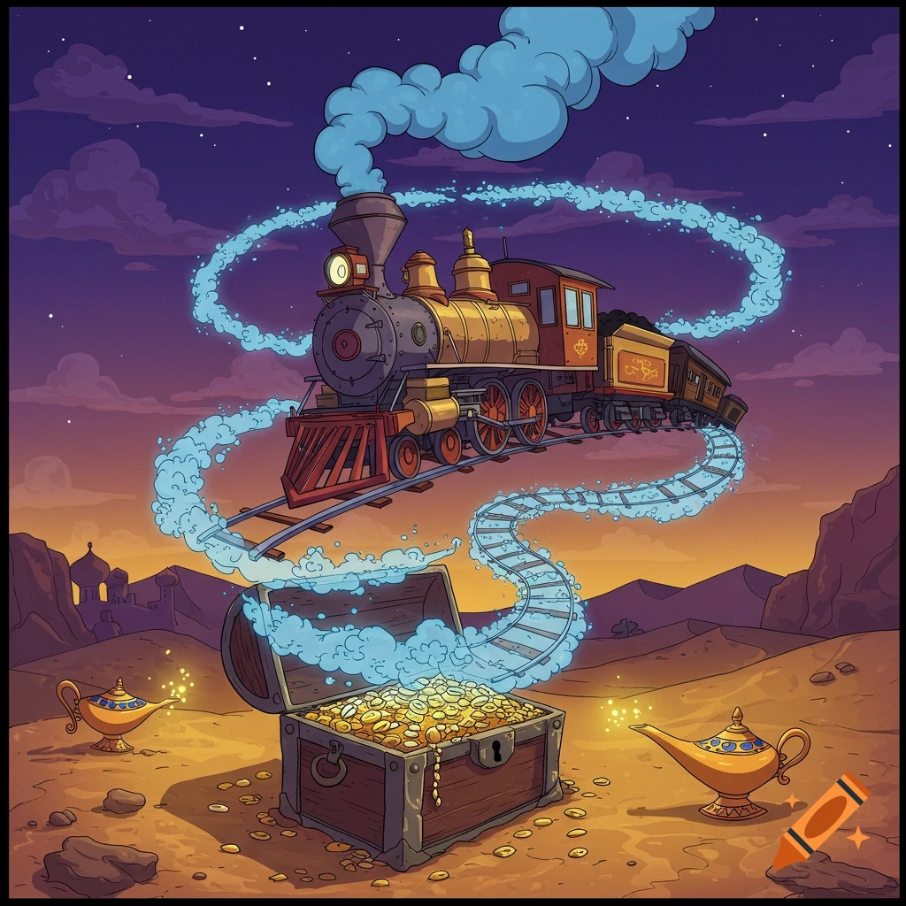 A cartoon steam locomotive with a coal car floats on glowing blue tracks emerging from an open treasure chest overflowing with gold coins in a desert at night, flanked by two magic lamps. The sky is dark purple with scattered stars.