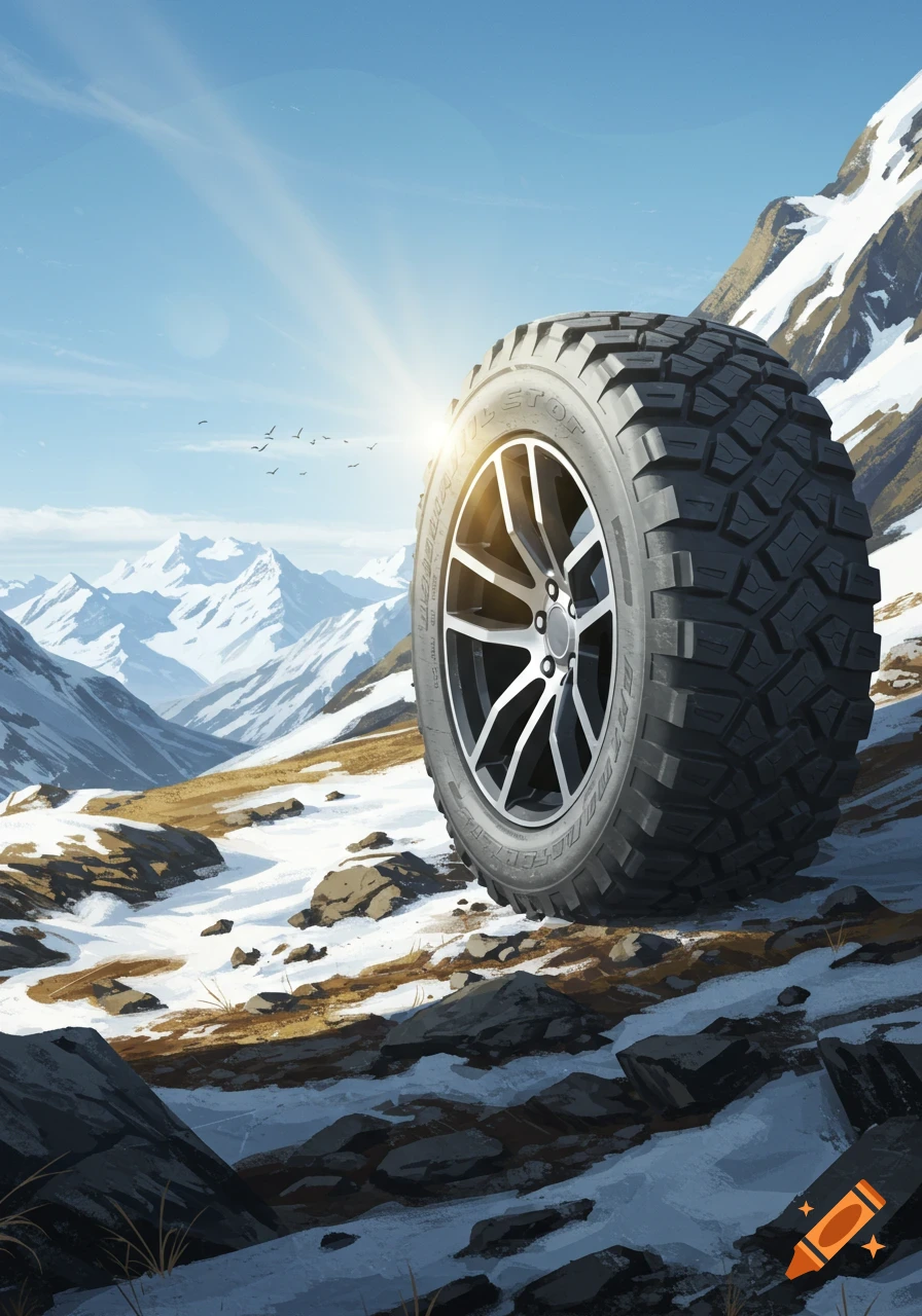 A large off-road tire stands upright on a rocky, snow-dusted mountain slope under a bright blue sky with distant snow-capped peaks.