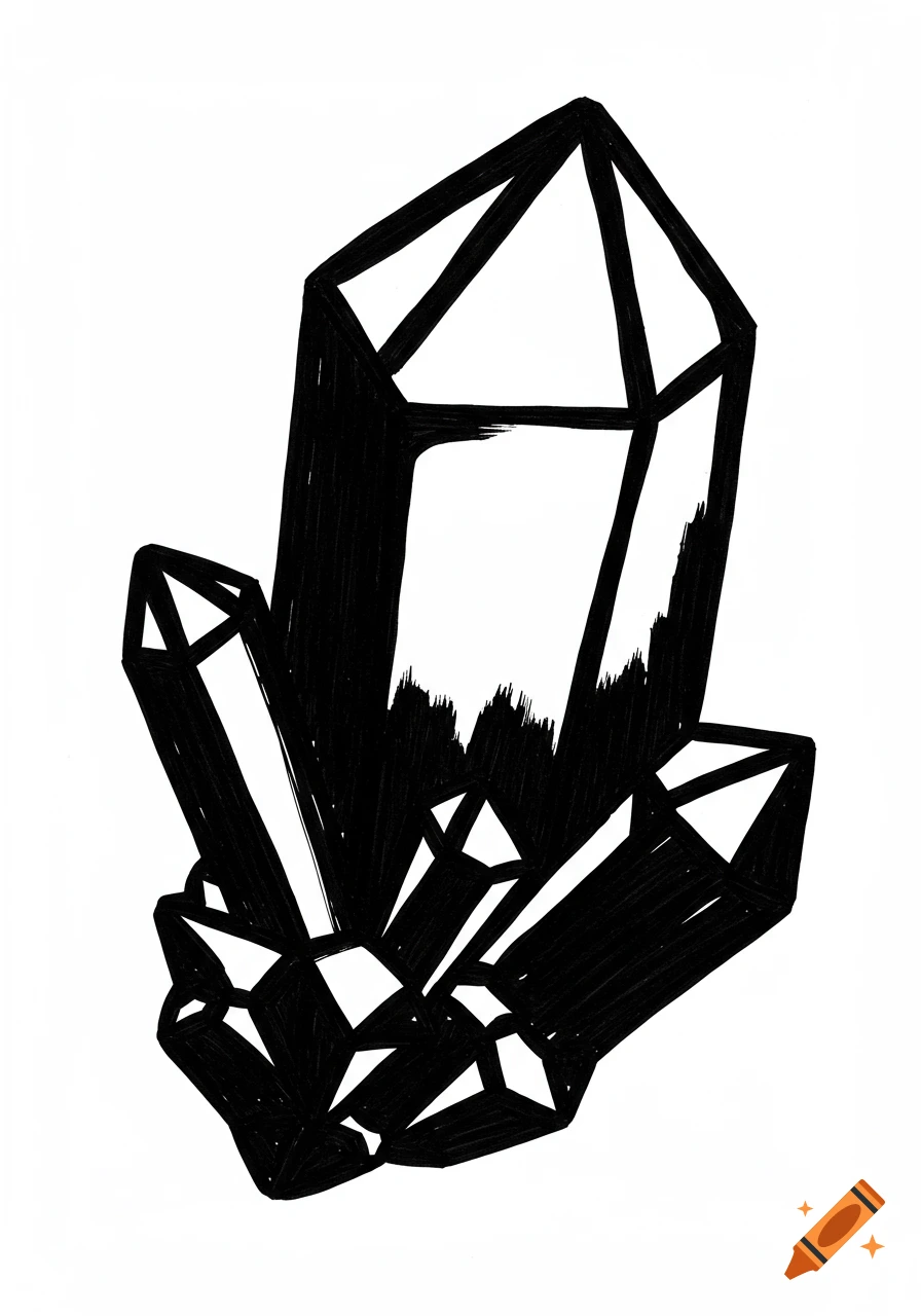 Black and white illustration of crystals with thick brushstrokes.