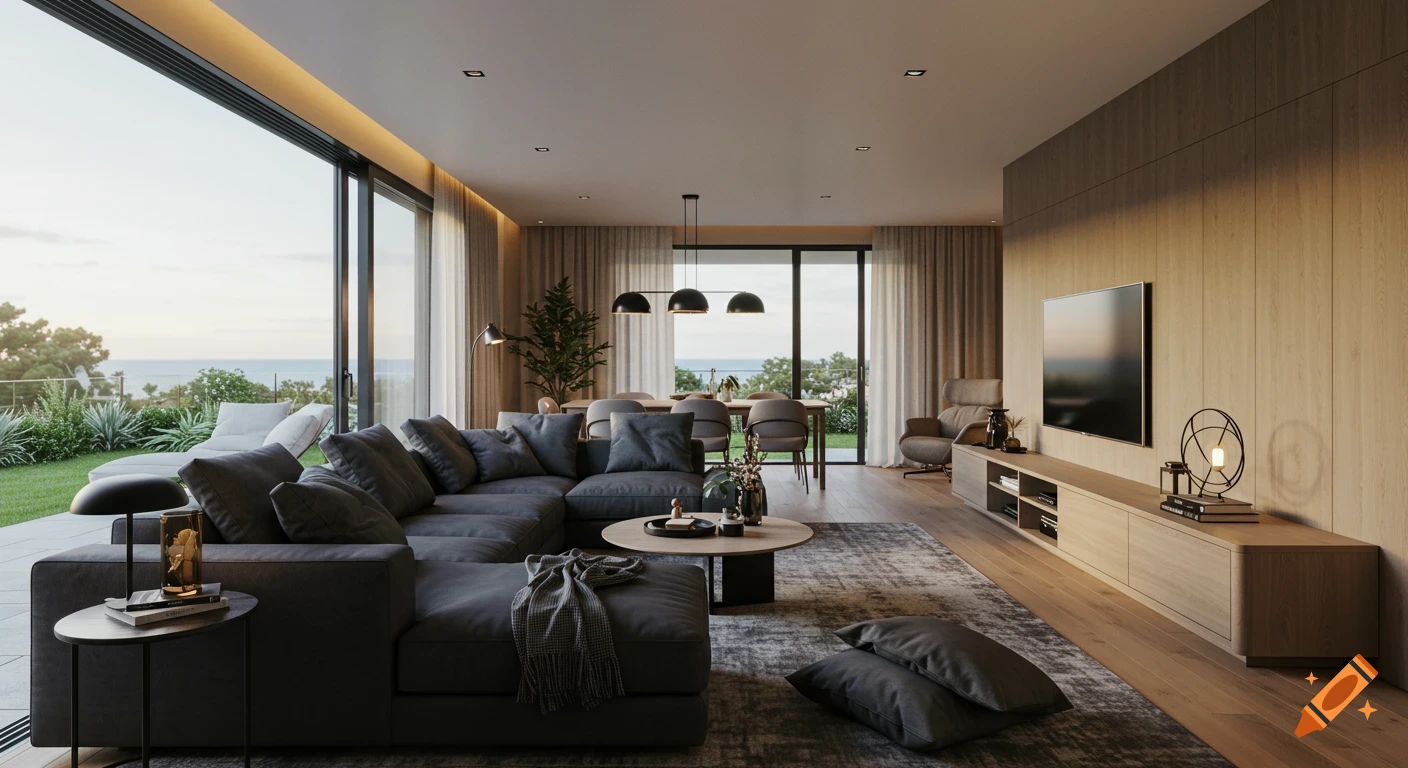 A modern living room with a dark grey sectional sofa, dining area, and large windows overlooking a sea view and garden.