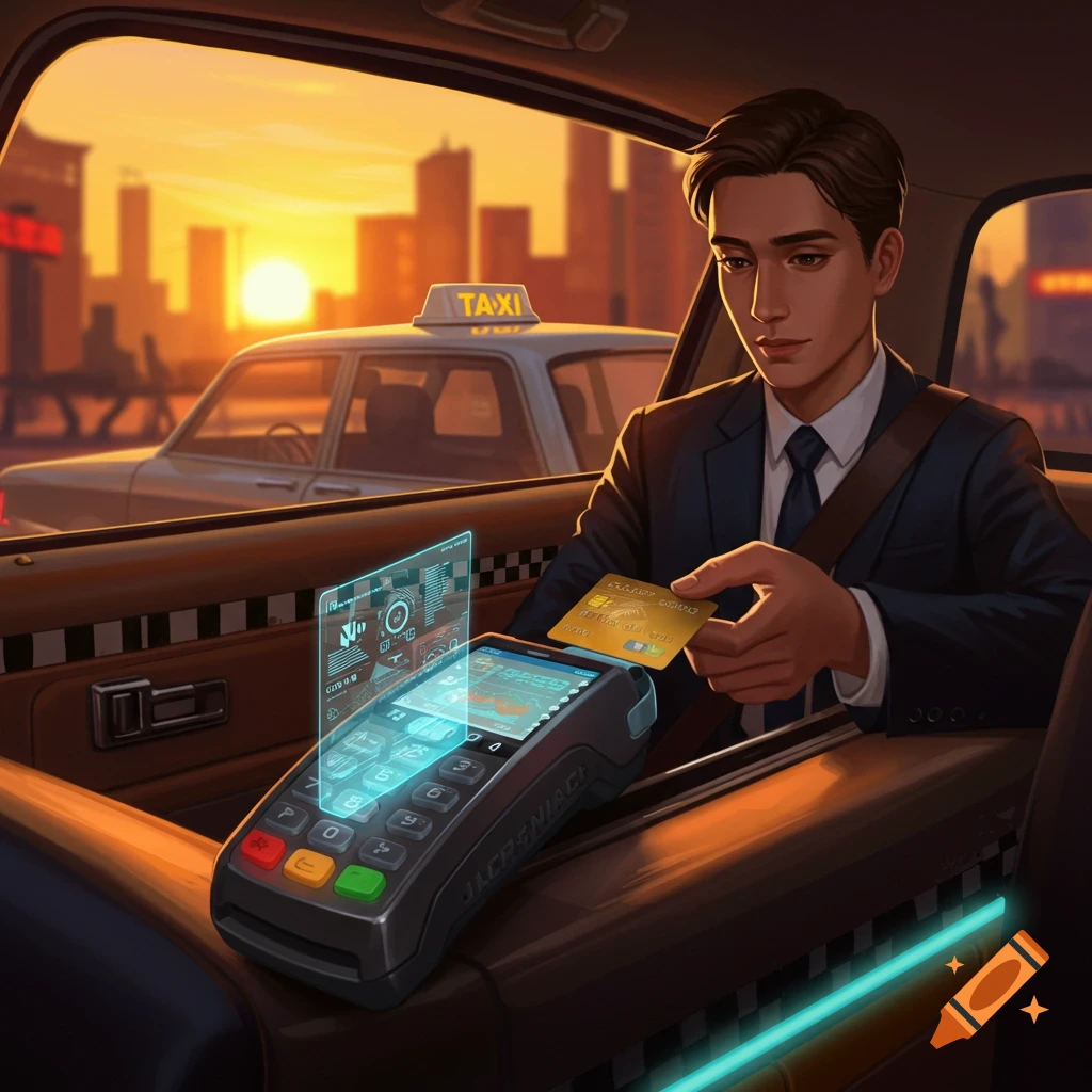 A man in a suit pays with a credit card using a futuristic payment terminal in the backseat of a taxi, with a city skyline at sunset.