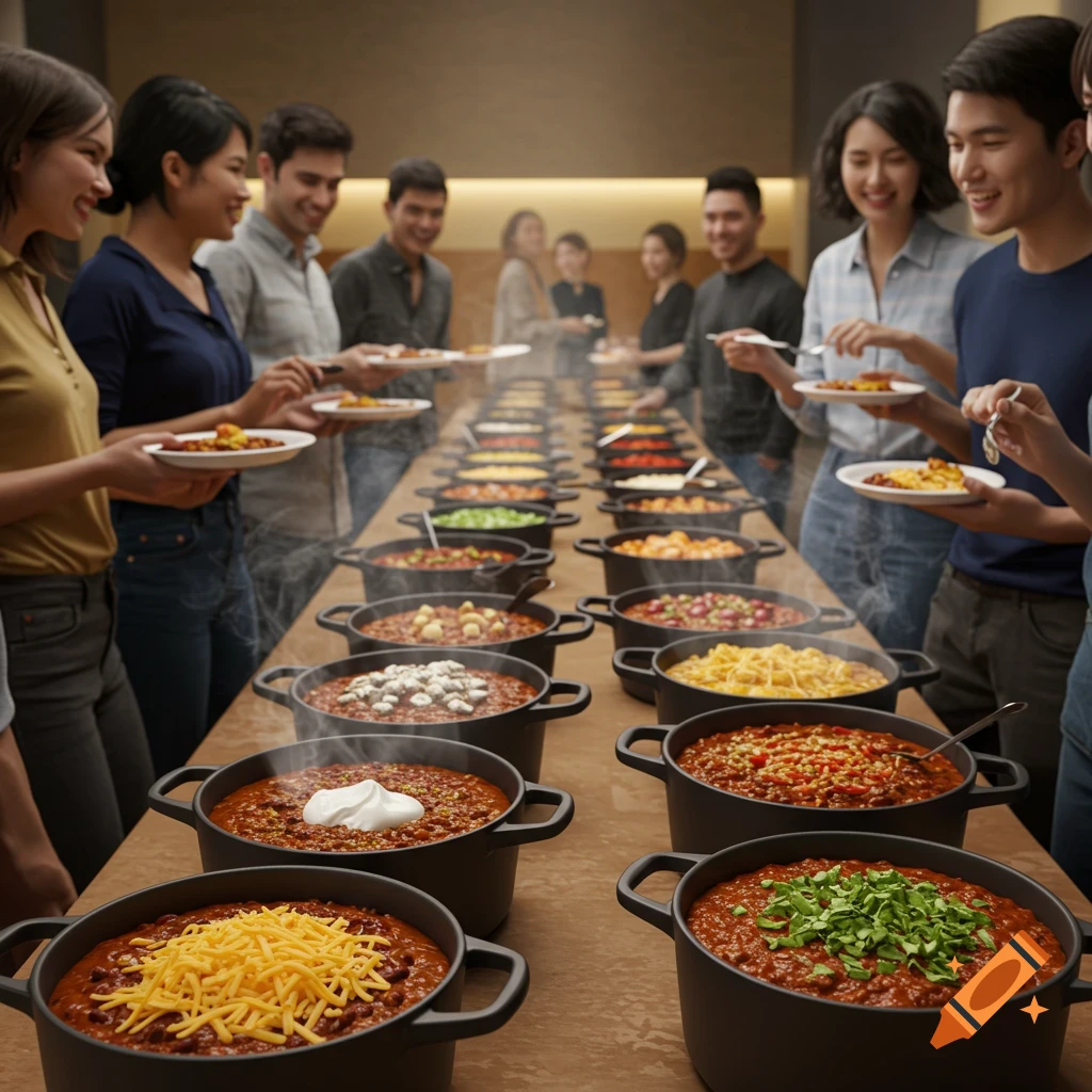 People smile and serve themselves from a long table filled with numerous pots of chili and various toppings at a company potluck.
