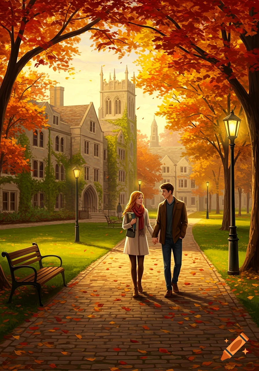 An illustrative image of a couple holding hands and walking on a brick path lined with fallen autumn leaves and lamp posts, with ivy-covered campus buildings in the background.