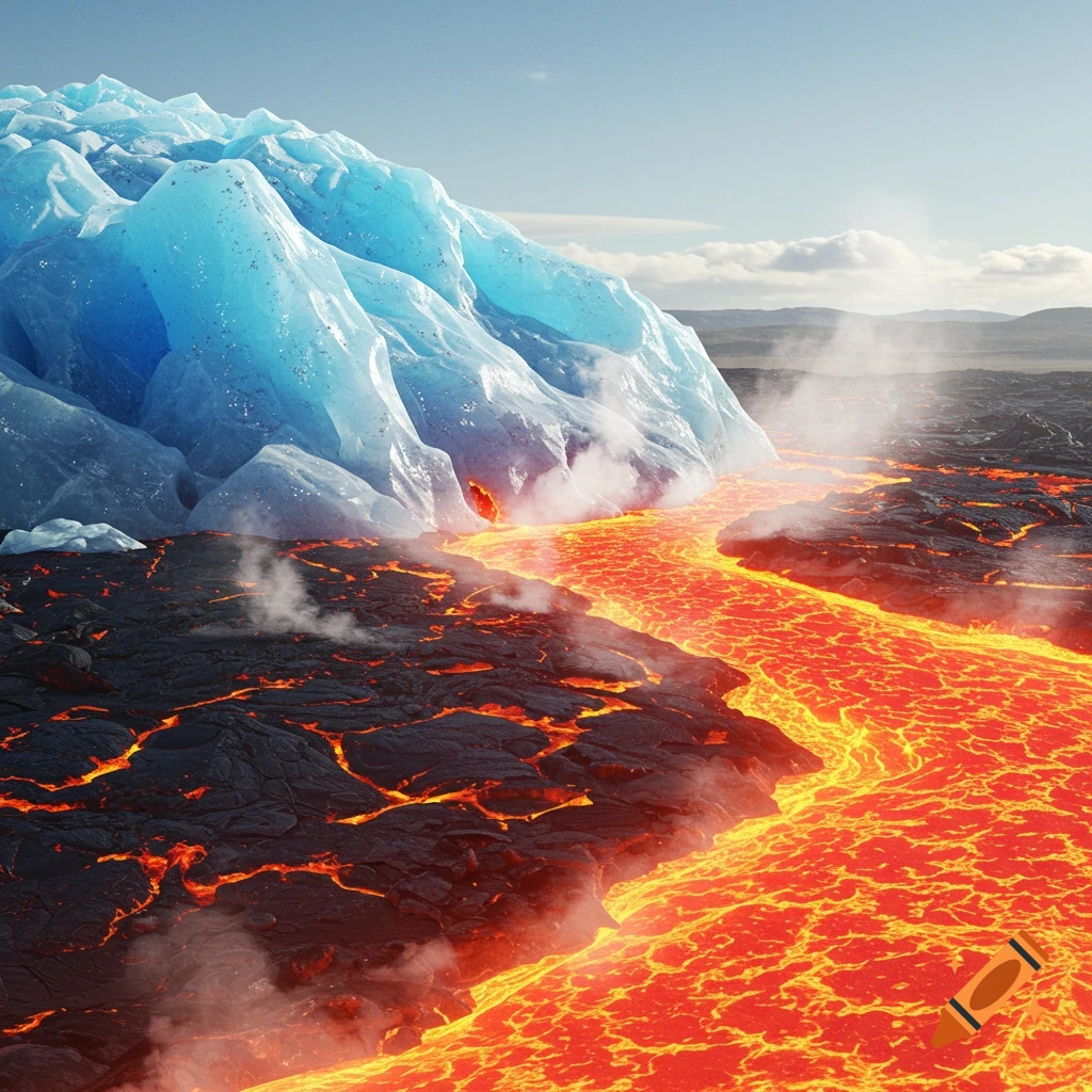 A vibrant blue glacier next to a river of bright orange, oozing lava in a desolate landscape.