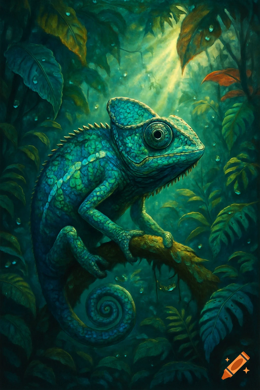 A vibrant blue and green chameleon with large eyes perches on a branch in a dark, lush, stylized jungle with light filtering through the canopy.
