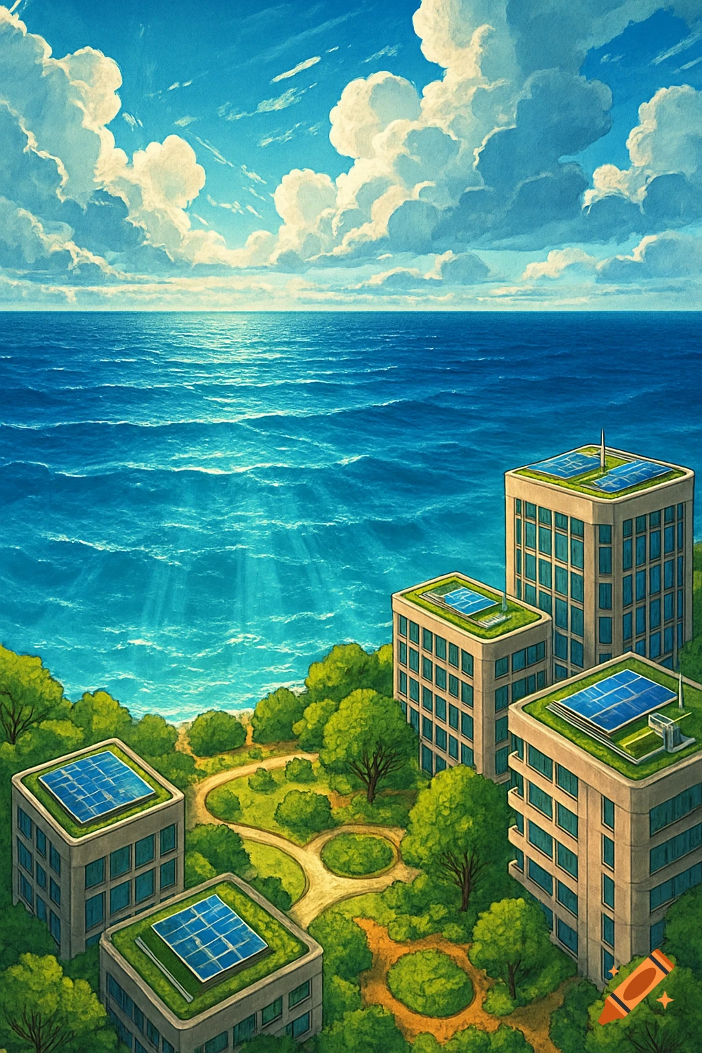 Illustrative aerial view of buildings with green roofs and solar panels on a lush coast overlooking a vast blue ocean under a cloudy sky.