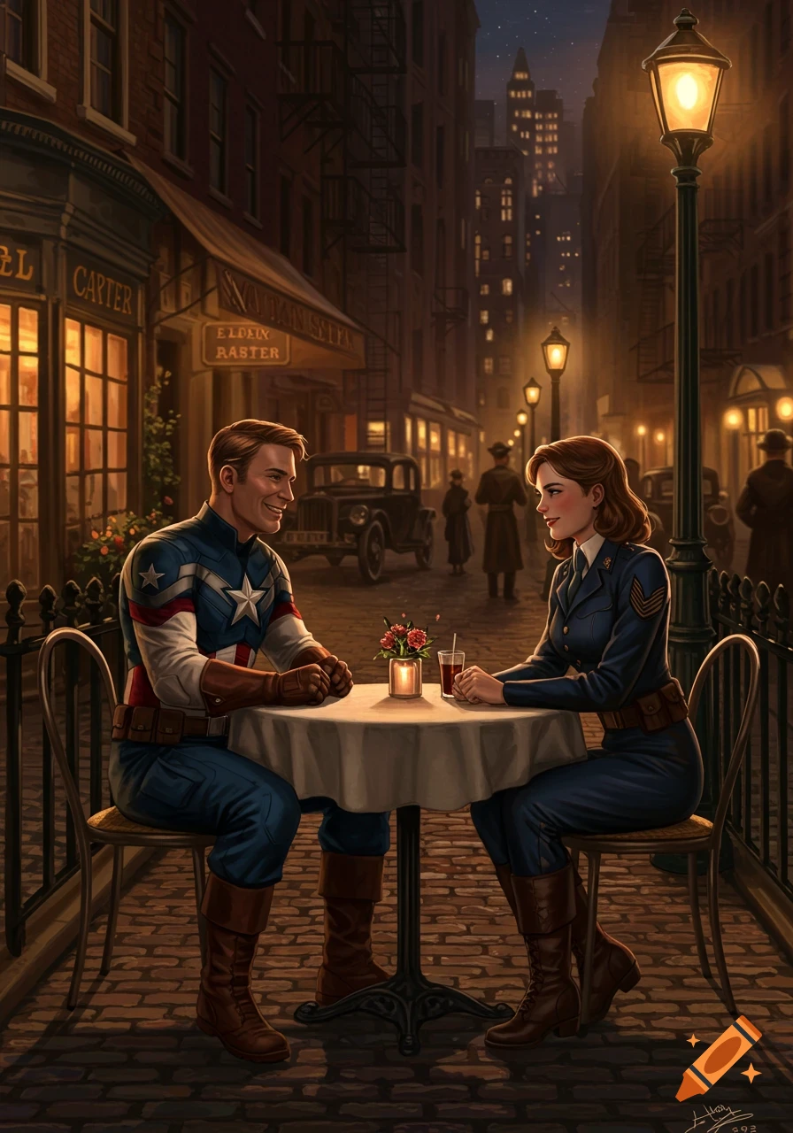 Captain America and Captain Carter sit at an outdoor cafe table, smiling at each other in a dimly lit, old-fashioned city street.
