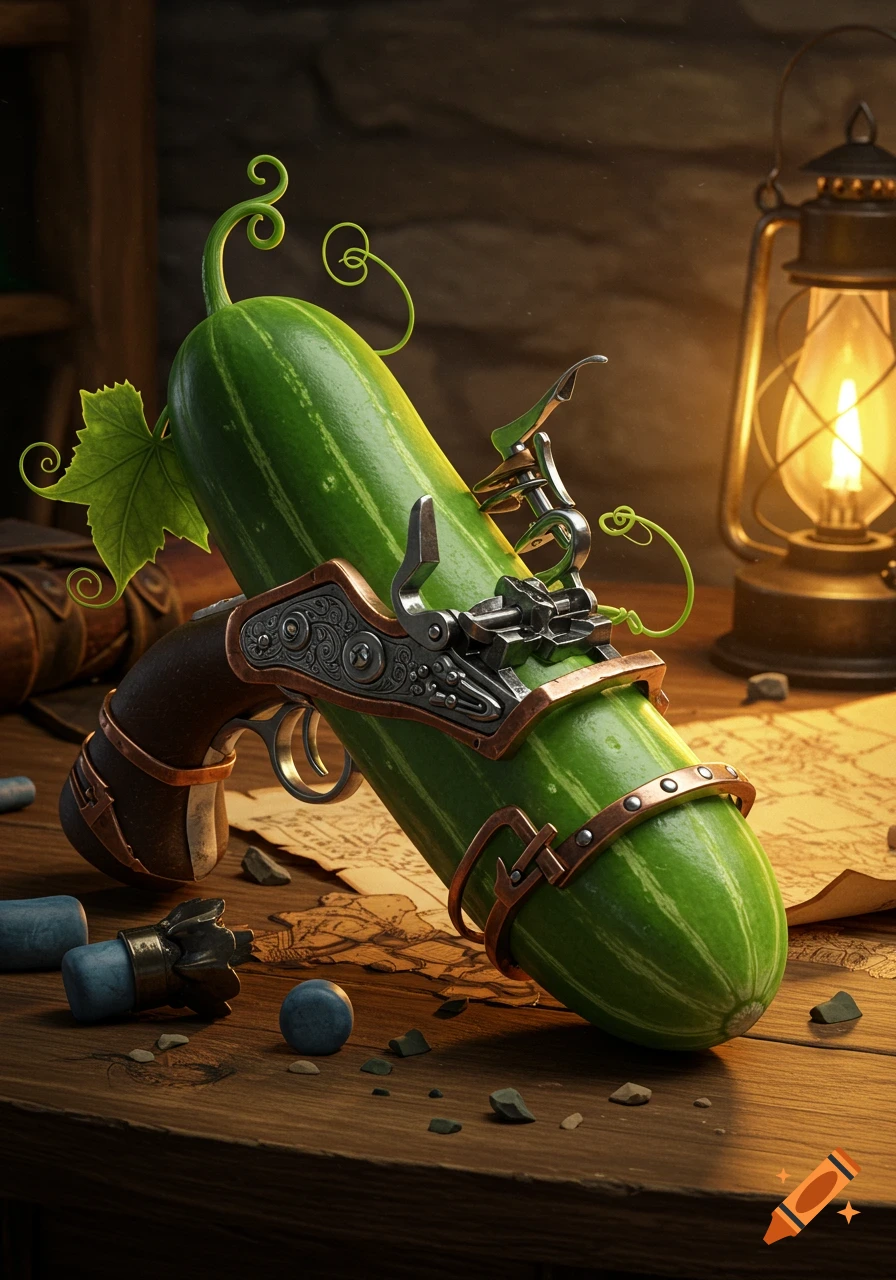 A vibrant green cucumber modified with metal parts to resemble a flintlock pistol, resting on a wooden table with a glowing lantern in a rustic setting.