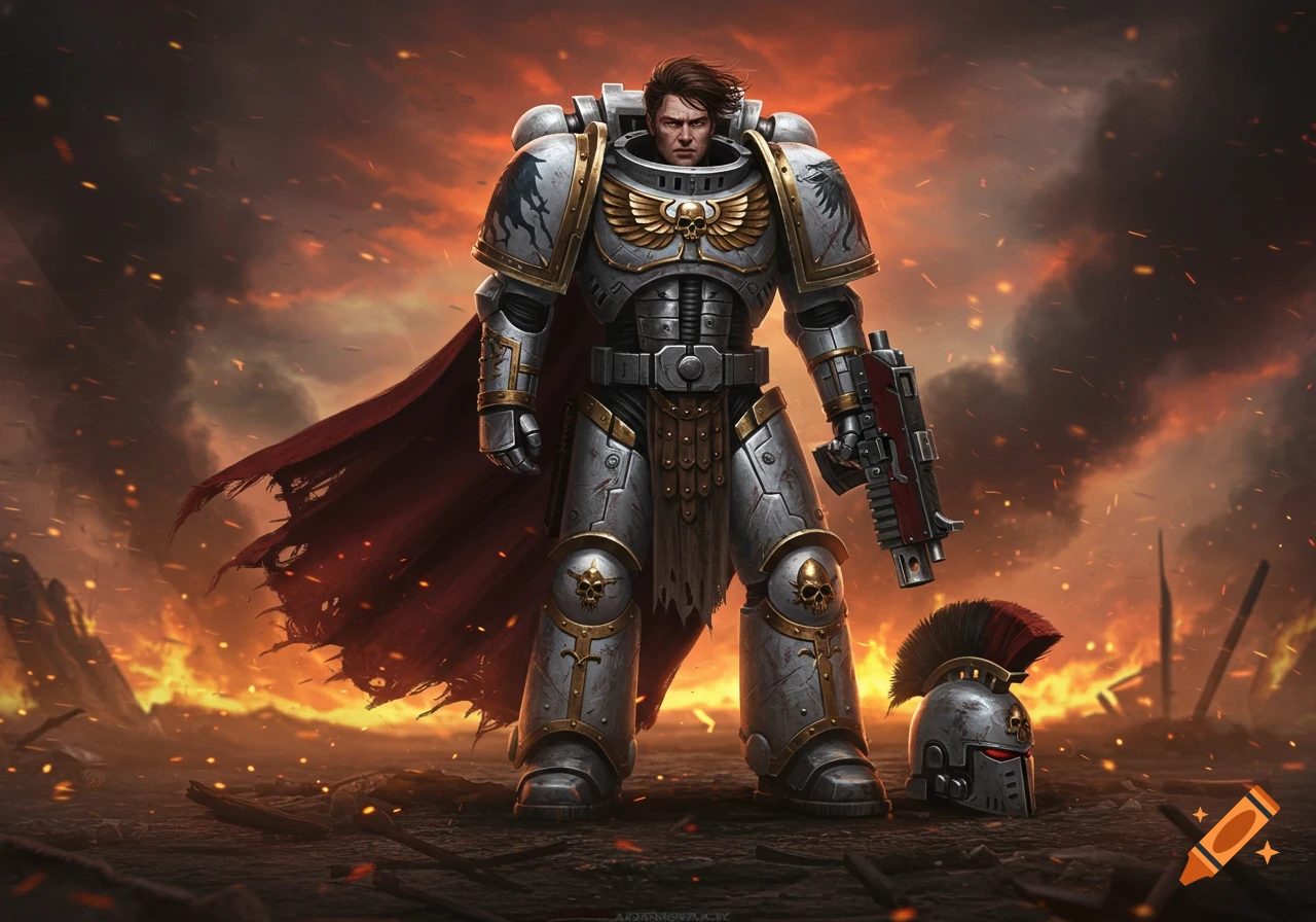 A futuristic space warrior in white and grey power armor and a red cape stands on a burning battlefield in a cinematic art style.