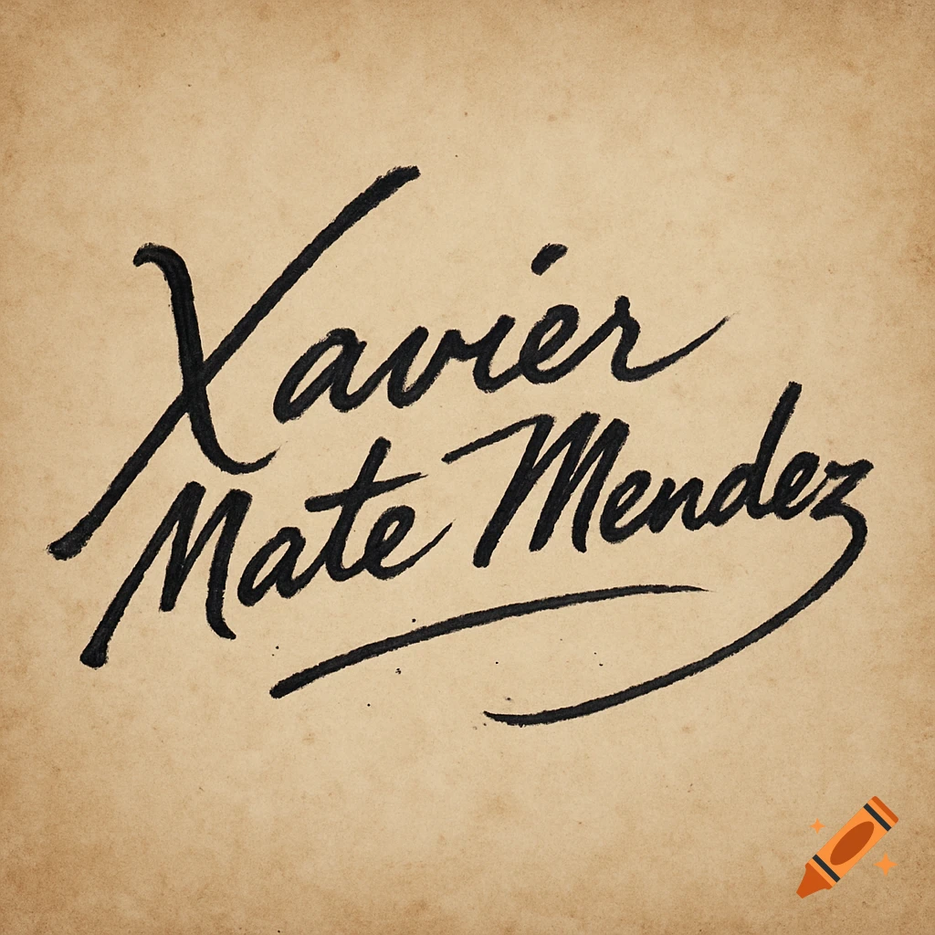 Calligraphic signature 'Xavier Mate Mendez' on a textured beige background.