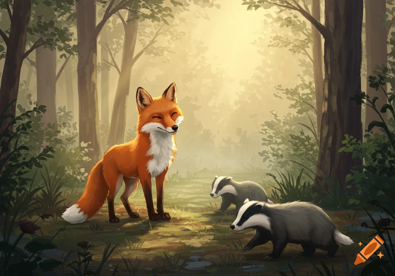 An illustration of a smiling fox standing in a sunlit forest clearing ...