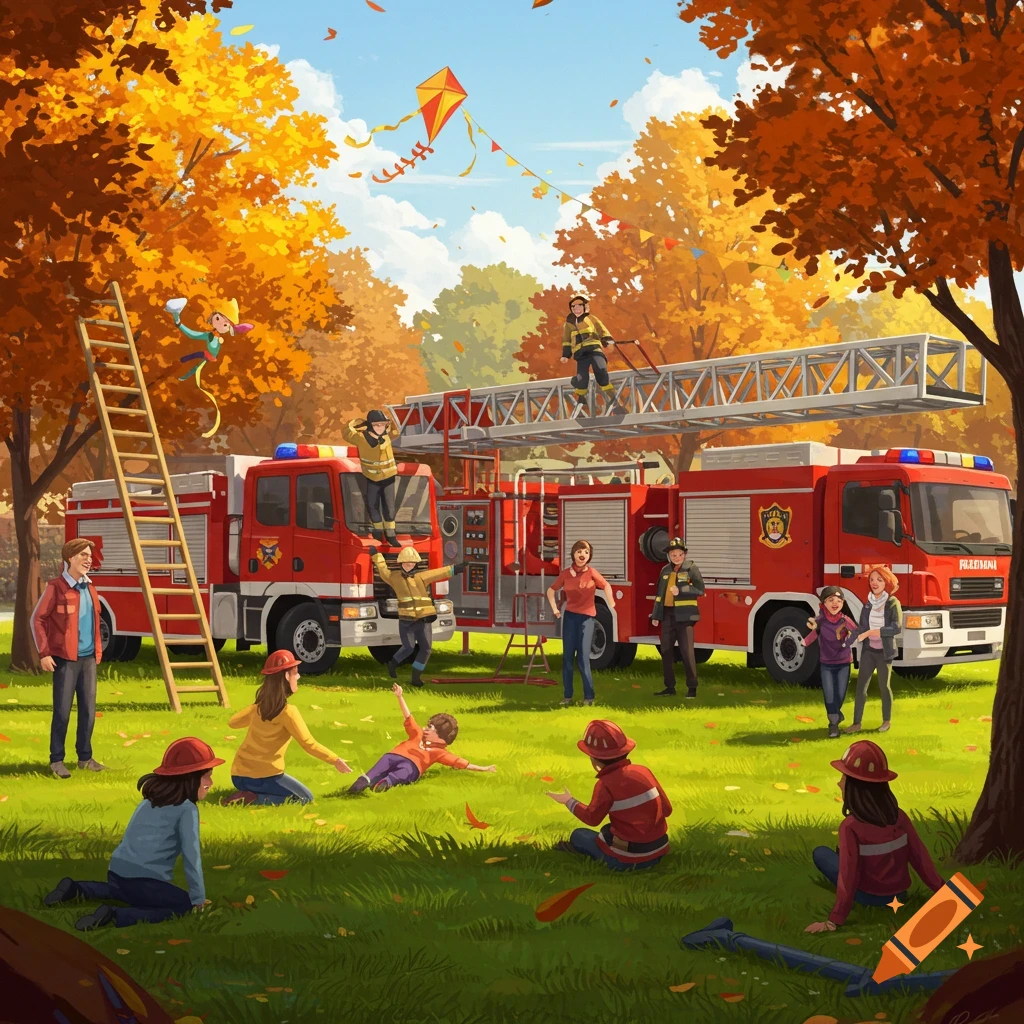 An illustration of children and adults playing around two red fire trucks in an autumn park with colorful trees, falling leaves, and a kite flying.