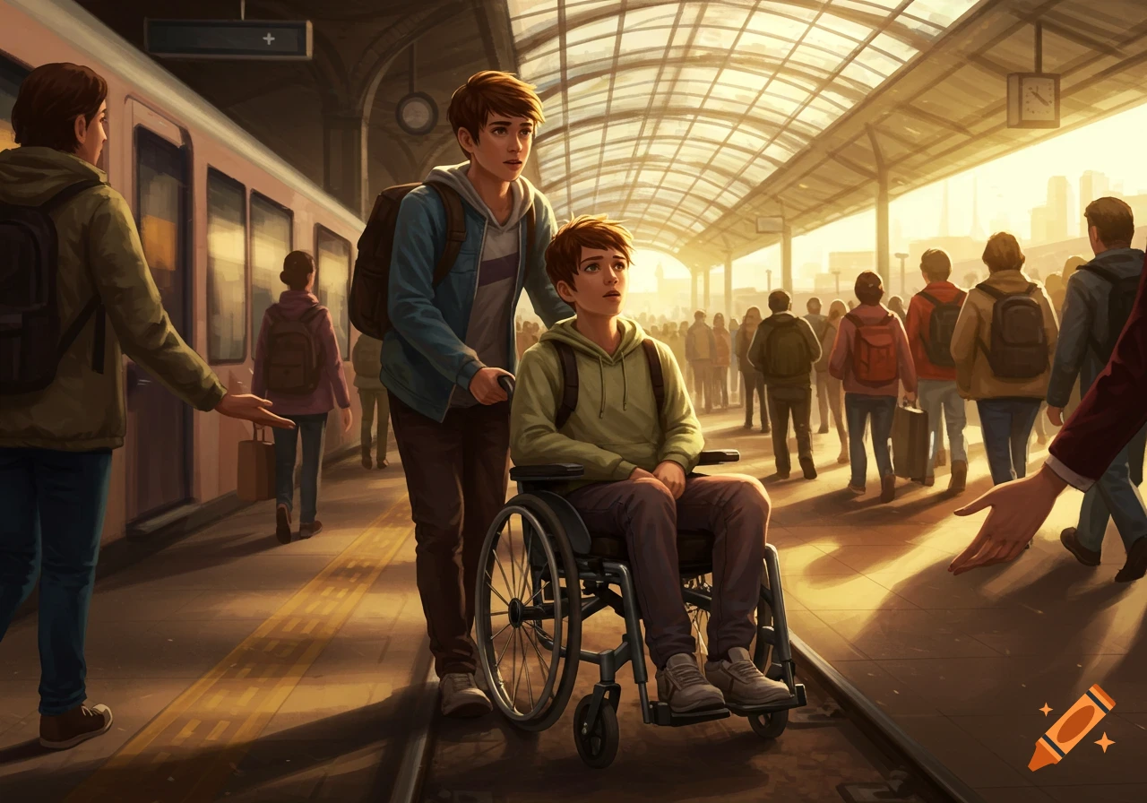 Two young men on a sunlit train platform, one pushing another in a wheelchair, surrounded by people reaching out to help.