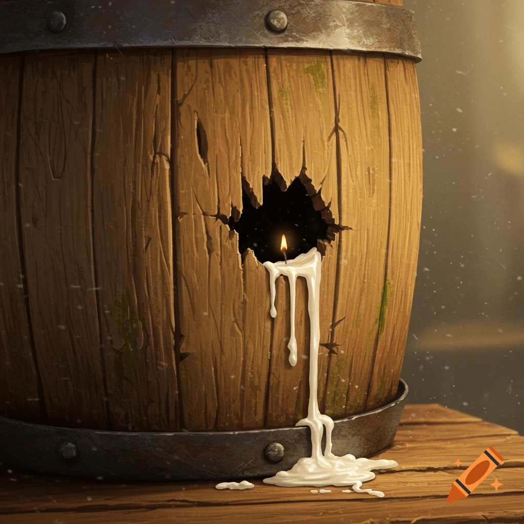 A worn wooden barrel with a jagged hole, a small candle burning inside, and white wax dripping down onto a wooden surface.