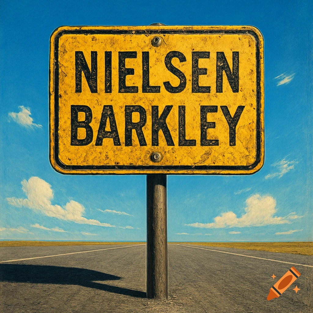 A yellow street sign with 'NIELSEN BARKLEY' in bold black letters on a pole in the middle of a long, empty road under a blue sky.