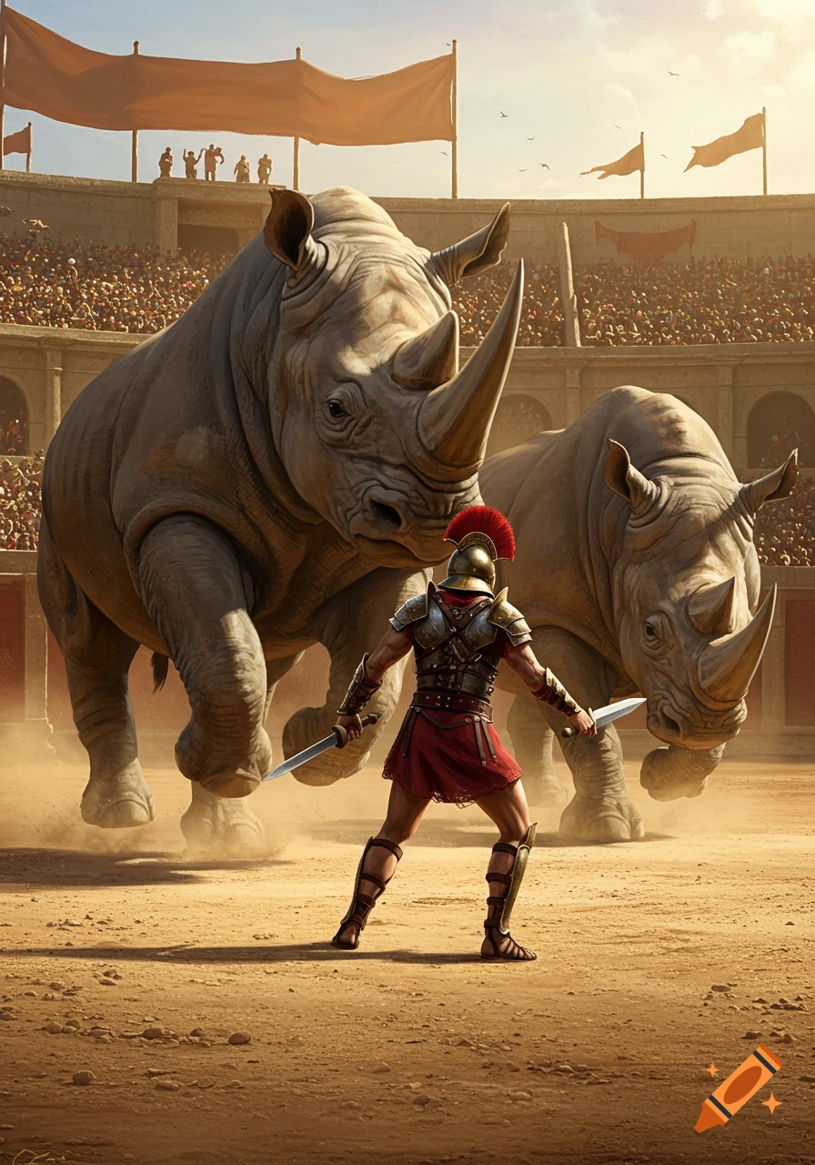 A gladiator with two swords confronts two rhinos in a packed arena under a sunny sky.