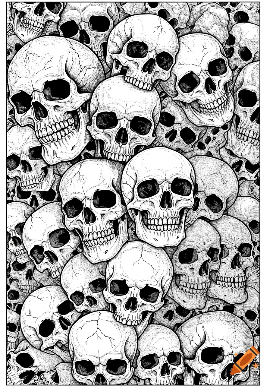 A black and white line art illustration of a dense pile of human skulls, with stippling for shading.