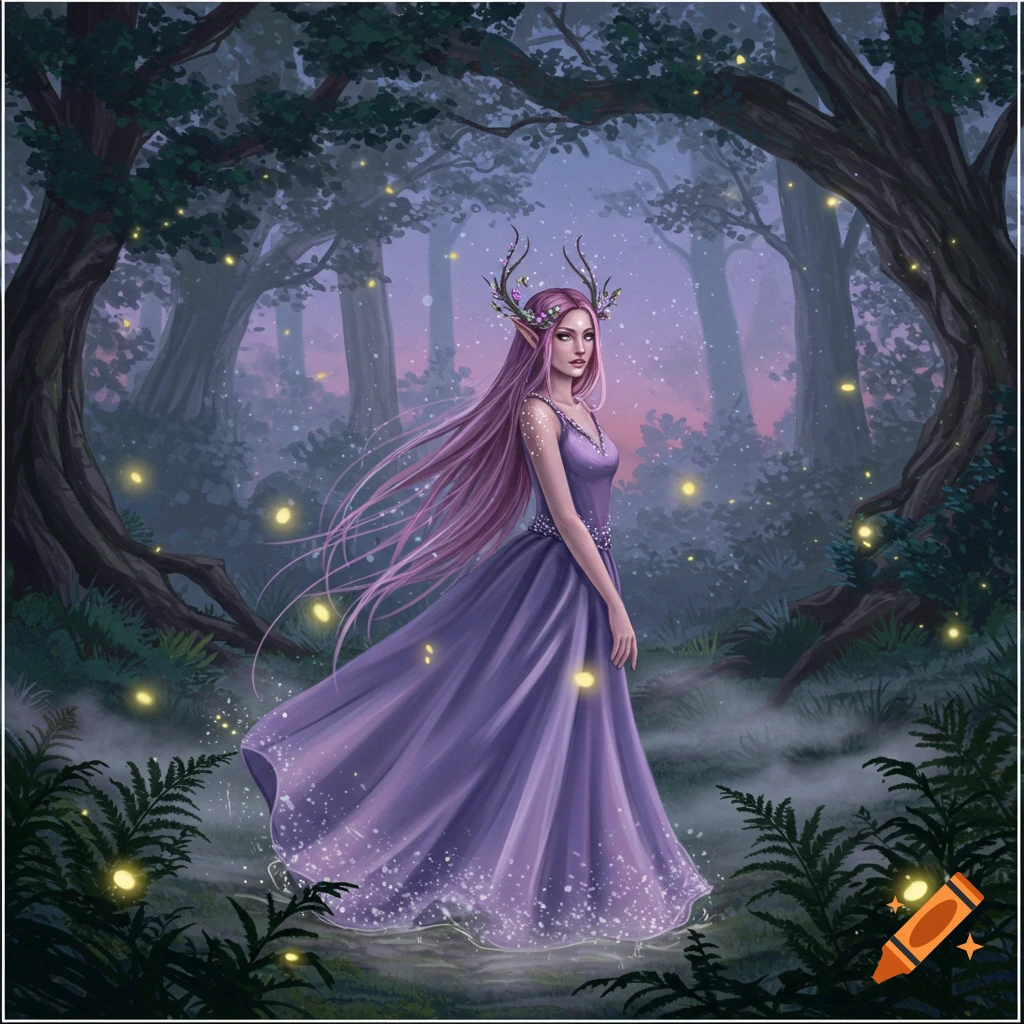 An illustration of a beautiful fantasy woman with long pink hair, an antlered headpiece, and a purple dress, standing in a misty, enchanted forest with glowing lights.