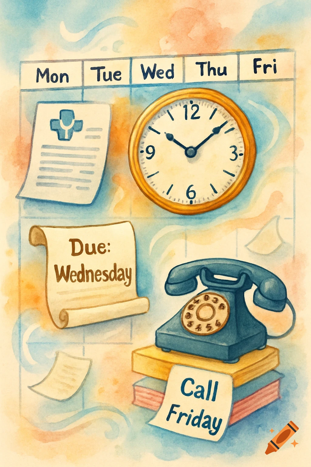 Watercolor illustration of a daily planner with a calendar, a clock, notes like 'Due: Wednesday' and 'Call Friday', a medical document, and a rotary phone.