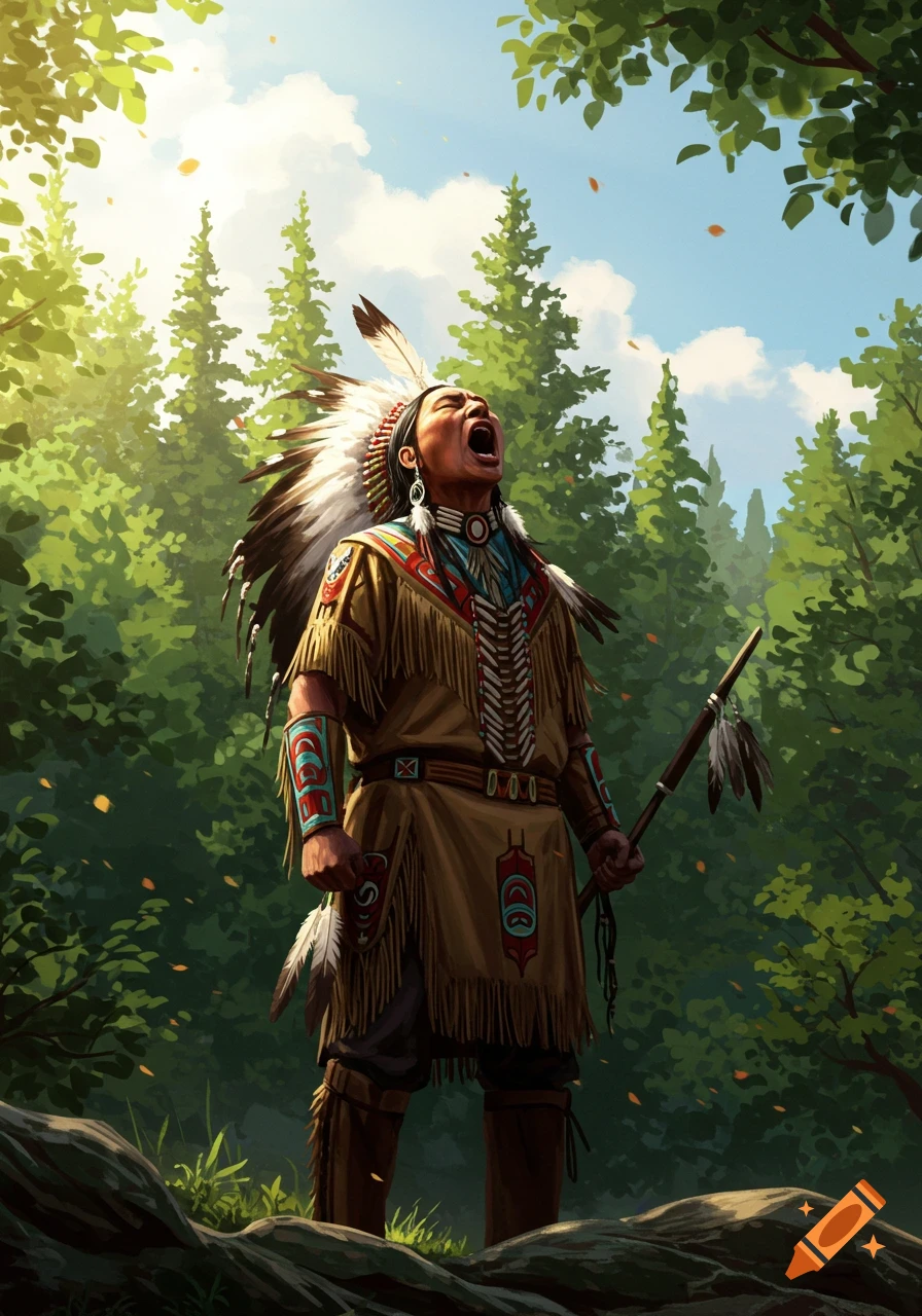 Detailed illustration of a First Nations man in traditional regalia and feathered headdress, yelling in a sunlit forest.