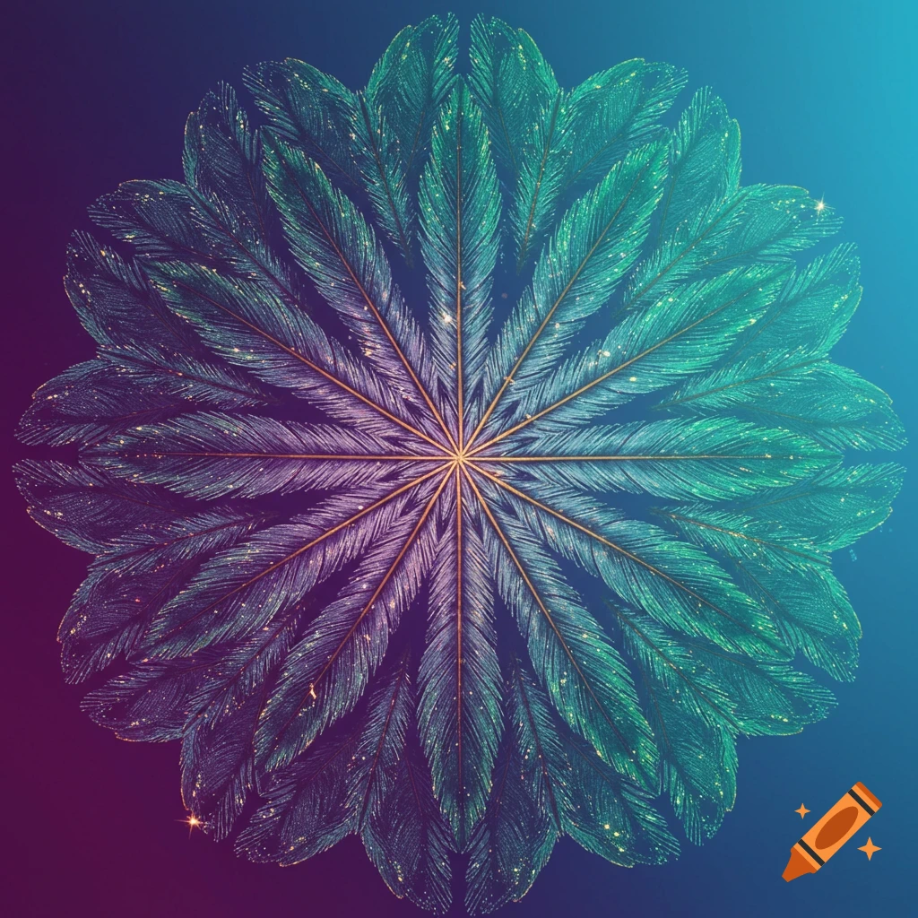 A vibrant mandala pattern formed by iridescent green and purple feathers with sparkling highlights on a gradient background.