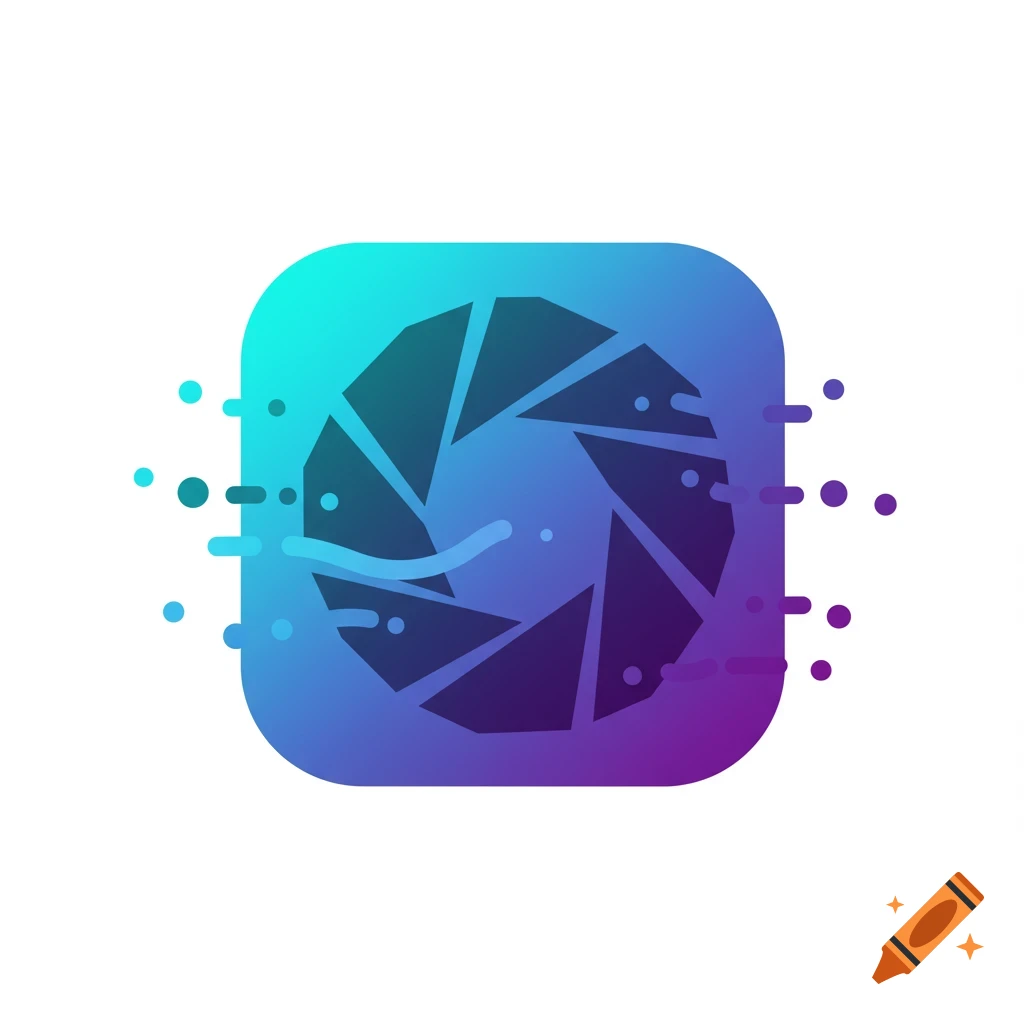A modern software icon with a stylized camera aperture in teal and purple gradients, surrounded by flowing particles and speed lines.