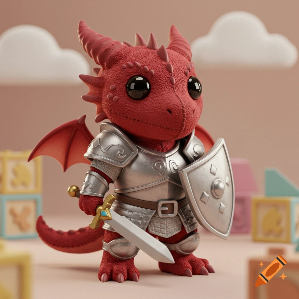 A cute red plushie dragon wearing silver knight armor and holding a sword and shield stands in a blurred playroom.