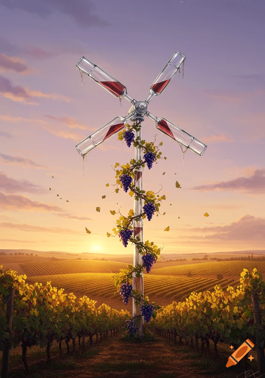 A surreal wine turbine with bottle blades and grapevines in a sunlit vineyard at sunset, digital painting.