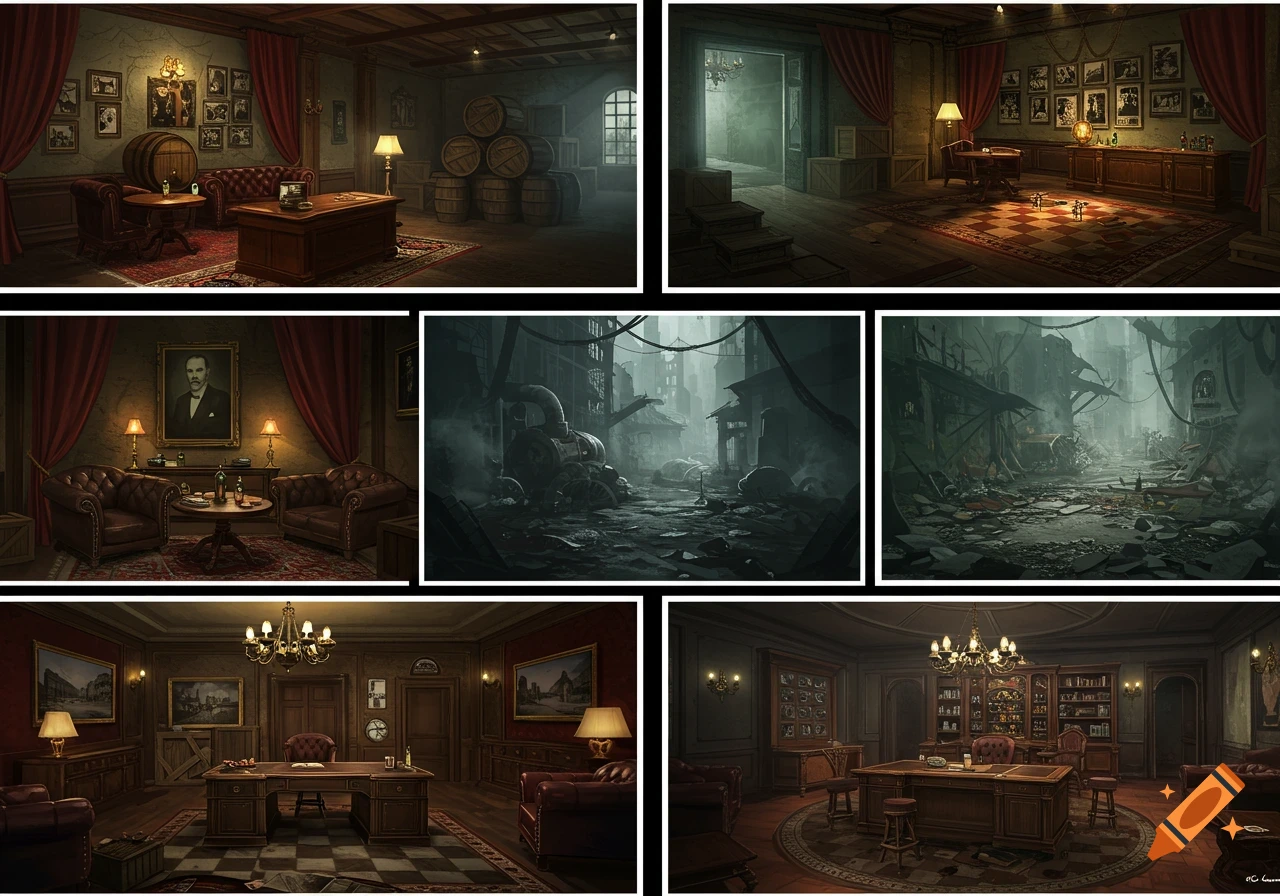 A grid of six atmospheric, stylized images depicting mafia-style locations, including offices, a pub, and an urban wasteland.