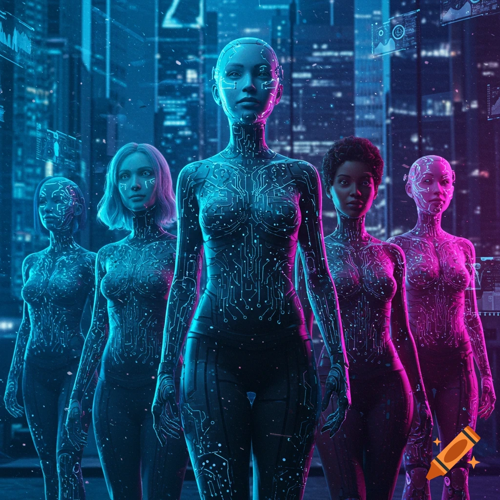 Five diverse women cyborgs with glowing circuit patterns stand in a neon-lit futuristic city.