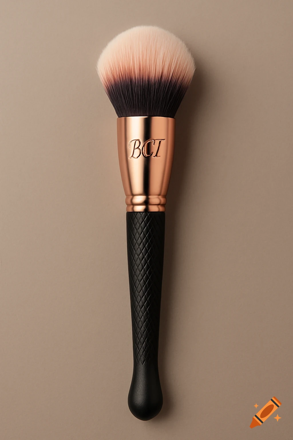 A black and rose gold makeup brush with a diamond-textured handle and soft, gradient pink and black bristles, on a beige background.