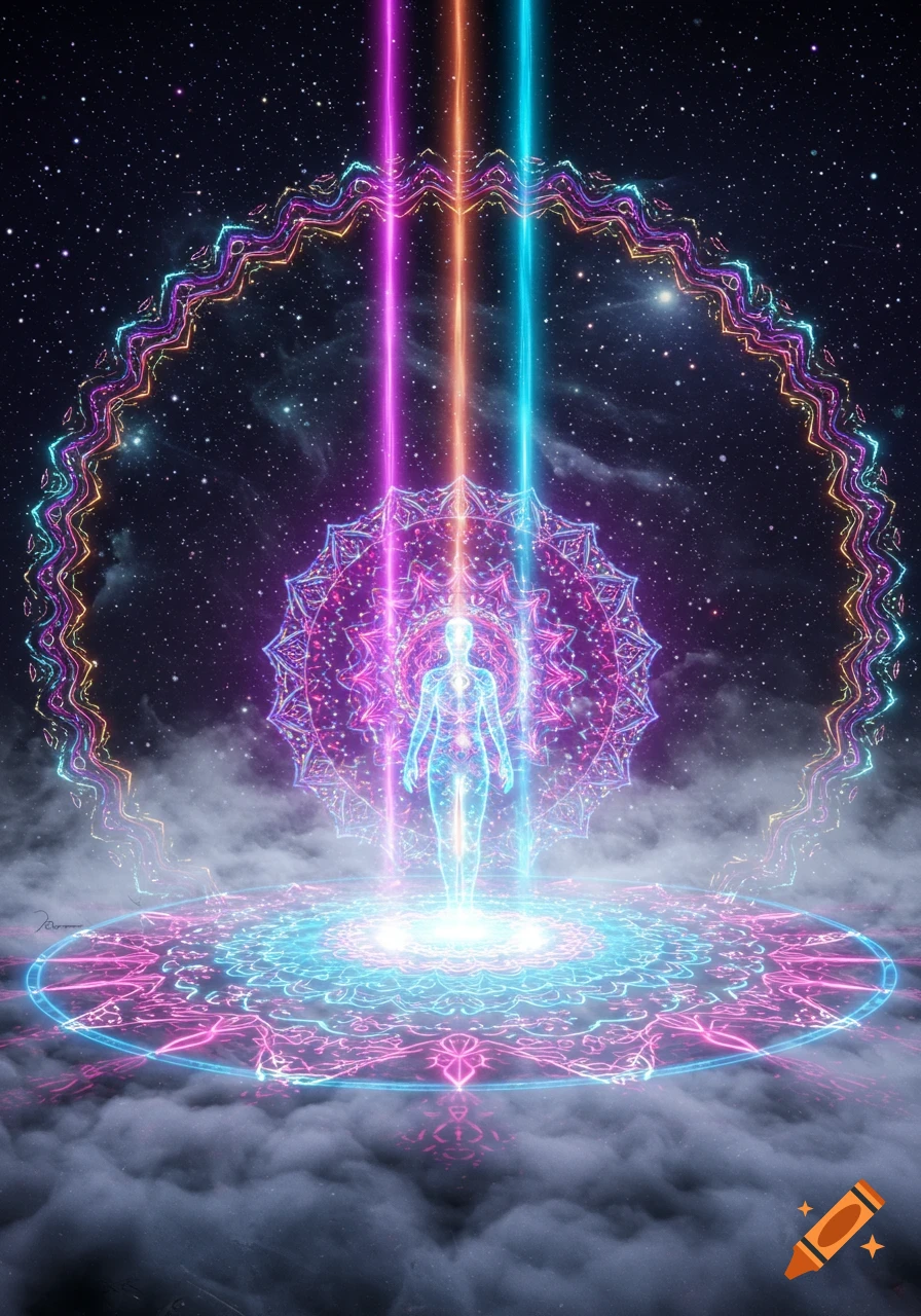 An ethereal figure glowing with neon pink, blue, and orange light beams, surrounded by intricate mandala patterns in a cosmic, starry space, standing on glowing clouds.
