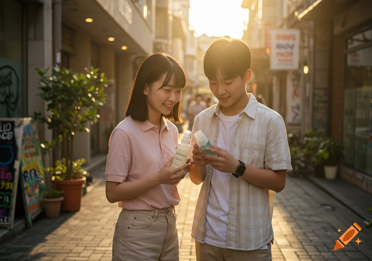 Asian couple smiling and examining two skincare spray bottles on a sunny urban street.