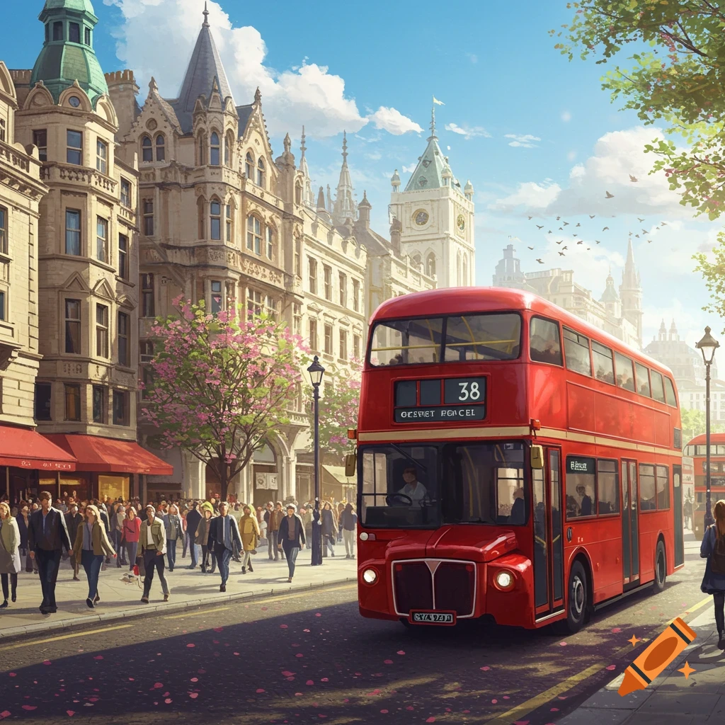 A red double-decker bus drives down a bustling London street with historic buildings, flowering trees, and pedestrians under a blue sky.