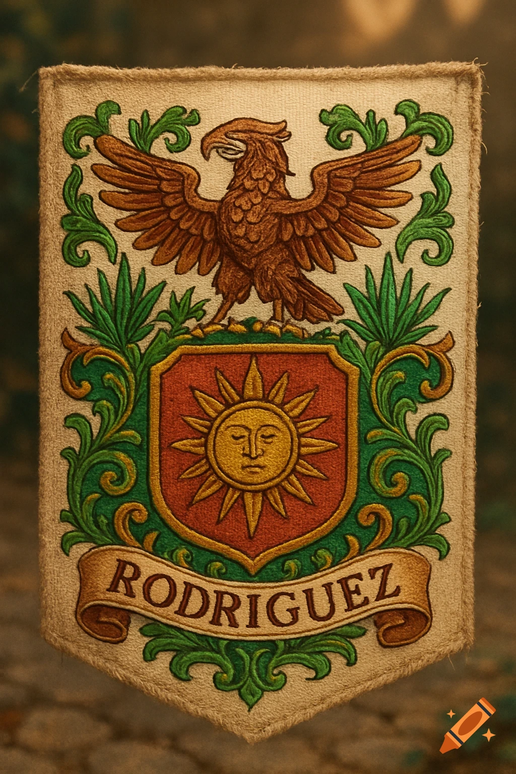 A detailed family crest banner in a traditional art style, featuring a brown eagle above a red shield with a sun face, and the name "RODRIGUEZ" on a scroll.