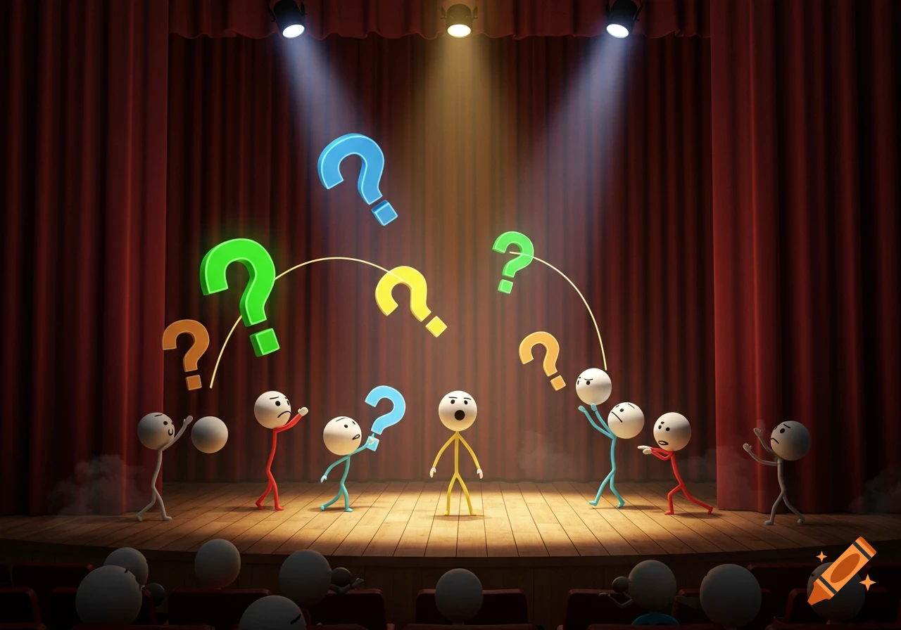 3D cartoon of stick figures on a stage, launching colorful question mark symbols at a central stickman while an audience watches.