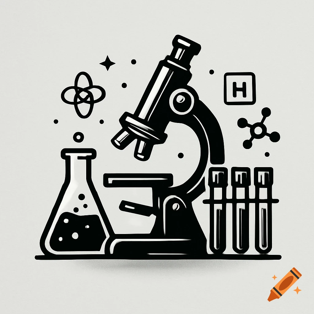 Black and white illustration of a microscope, beaker, and test tubes with floating chemistry symbols.