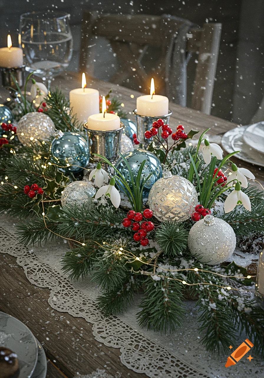 Festive winter table centerpiece with lit candles, pine branches, red berries, snowdrops, and shiny blue and silver ornaments, with falling snow.