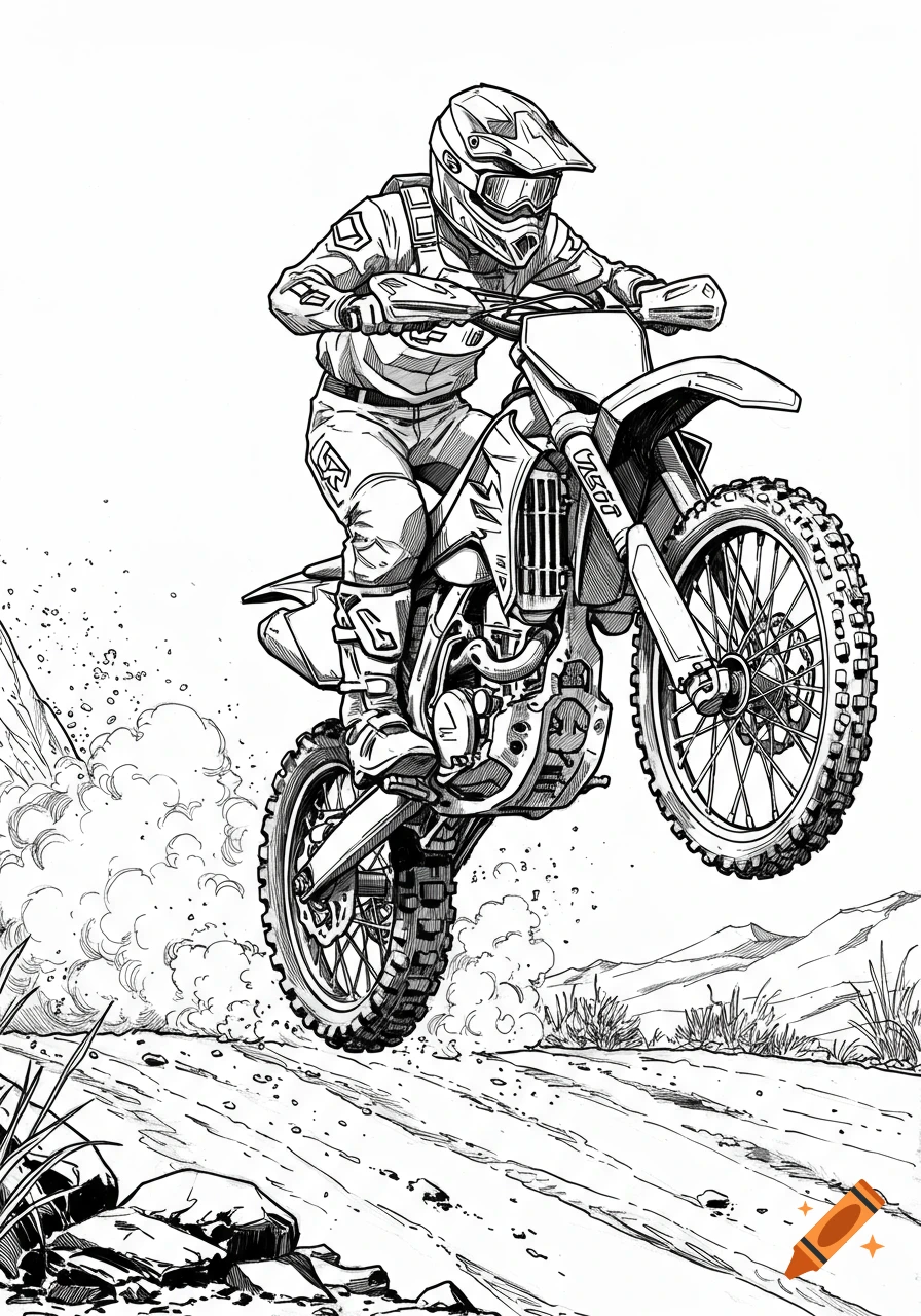 Black and white sketch of a dirt bike rider airborne, kicking up dust on a track with mountains in the background.