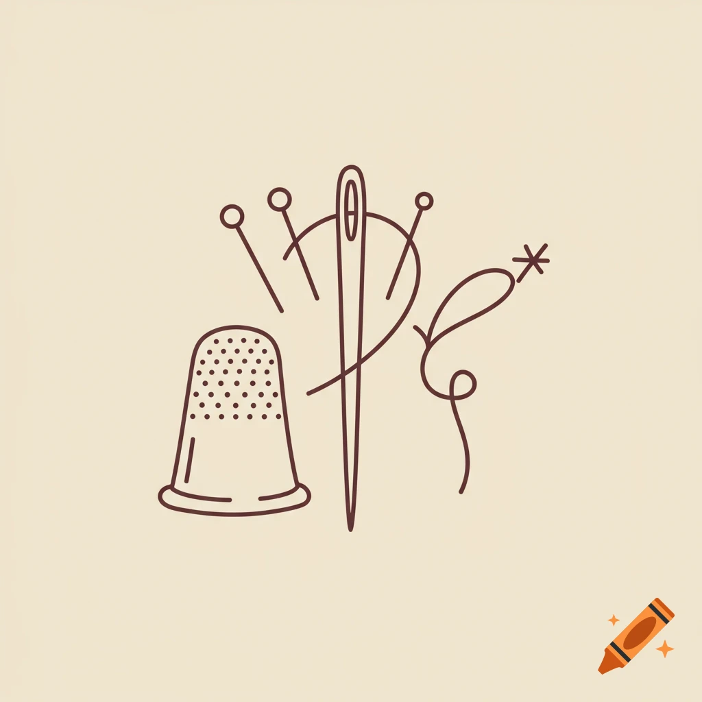 Line art logo of a thimble, needle, pins, and thread forming a cross on a light background.