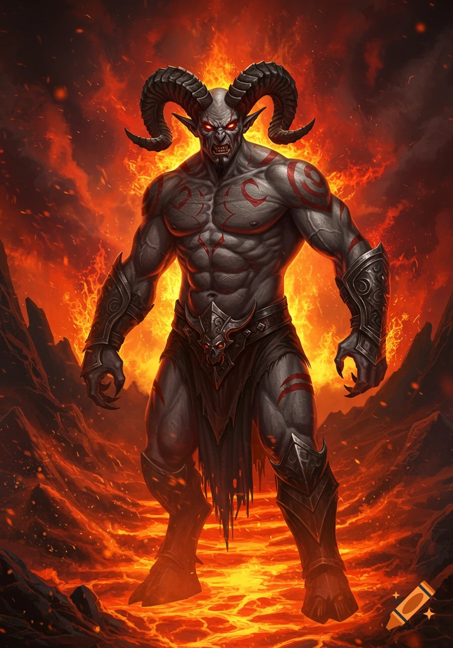 A muscular, grey-skinned demon with red eyes, ram horns, and tribal tattoos stands menacingly in a fiery landscape.