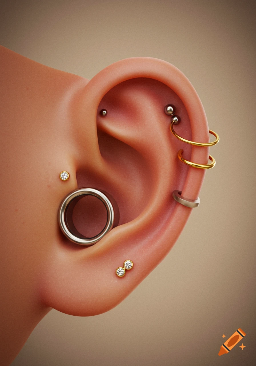 A close-up, photorealistic view of an ear with various piercings, including a large silver tunnel, gold helix rings, and small diamond studs.