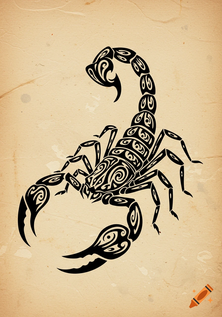 Black tribal scorpion design on a vintage paper background.